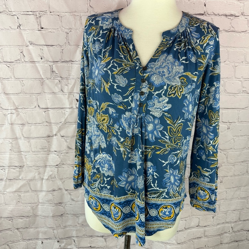 Lucky Brand Blue Floral Blouse 3/4 sleeve tunic womens S boho casual